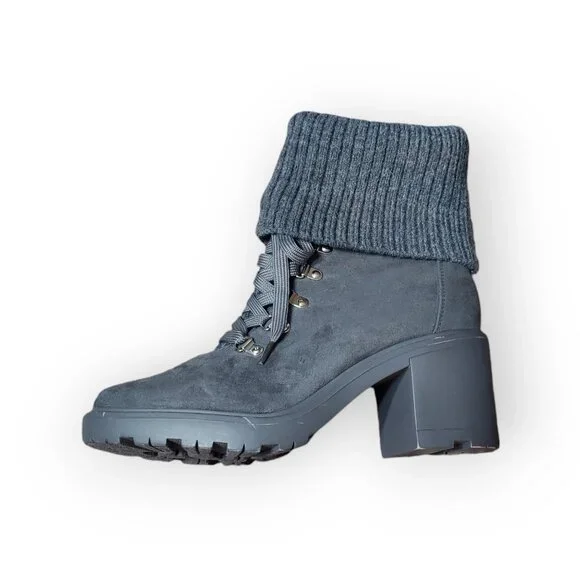 Just Fab Camber Knitted Cuff Lace-Up Booties Gray Caviar Chunky Heeled Size 9 - Picture 6 of 10